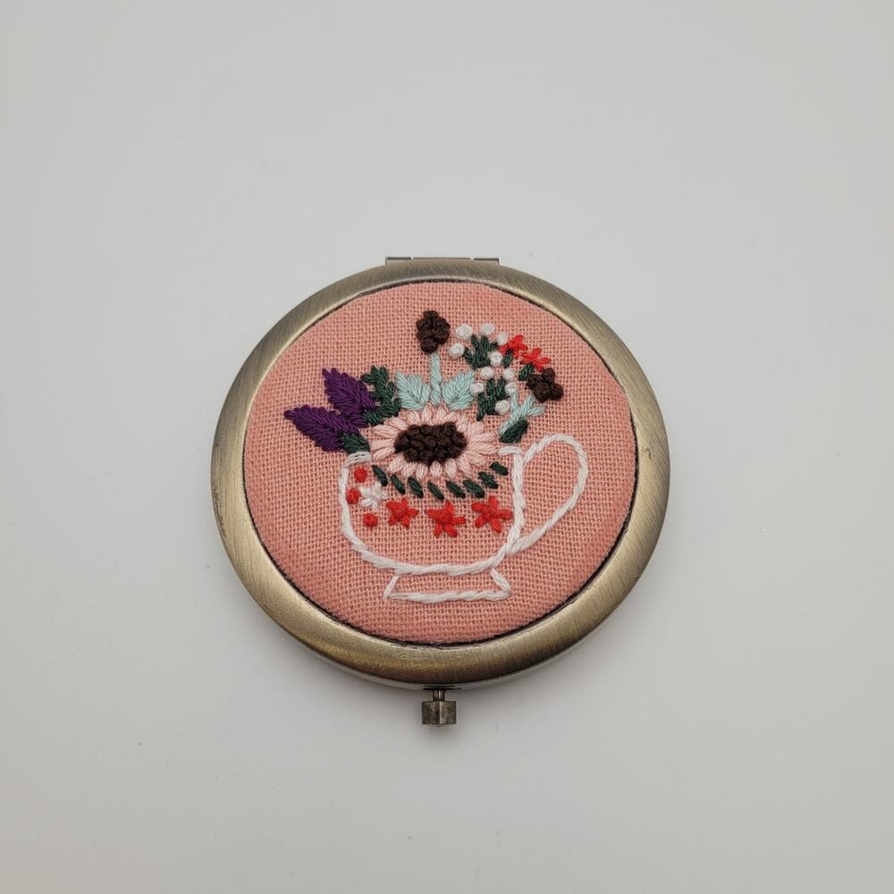 Floral Embroidered Compact Mirror Pink Needlepoint Purse Vanity Gift Cottage